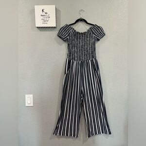 J for Justify Navy/White Striped Off-Shoulder Jumpsuit